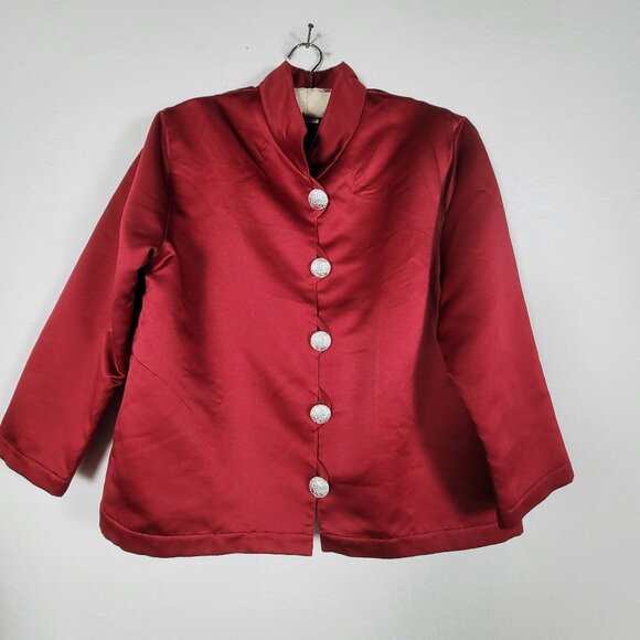 Caroline Rose Red Satin Jacket Decorative Silver Buttons Mandarin Collar Medium